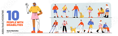 People with disabilities, blind characters with guide dogs, diverse characters in wheelchairs, with crutches and prosthesis isolated on background, vector flat illustration photo