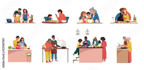 Collection of people cooking together. Parents, grandparents and kids preparing food, bake cake. Set of smiling men, women and children preparing homemade meals. Flat cartoon vector illustration.
