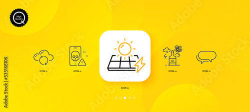 Messenger, Solar panels and Cloud sync minimal line icons. Yellow abstract background. Cyber attack, Alcohol addiction icons. For web, application, printing. Vector