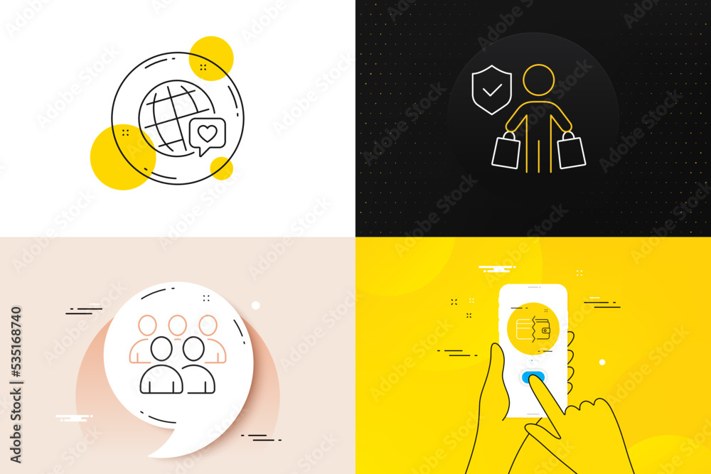 Minimal set of World brand, Group and Buyer insurance line icons. Phone screen, Quote banners. Payment methods icons. For web development. Love, Developers, Purchase coverage. Wallet cash. Vector