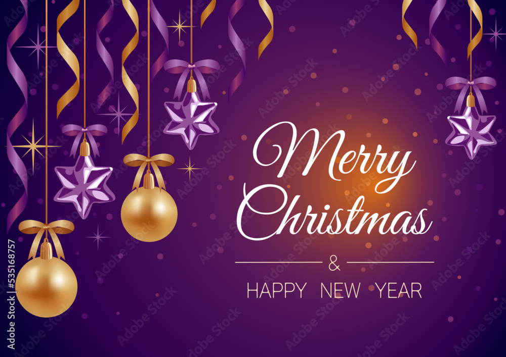 Merry Christmas and Happy New Year. Vector illustration. Purple and gold realistic shiny Christmas balls and stars, ribbons, serpentine. For advertising banner, website, posters, postcards, sale flyer