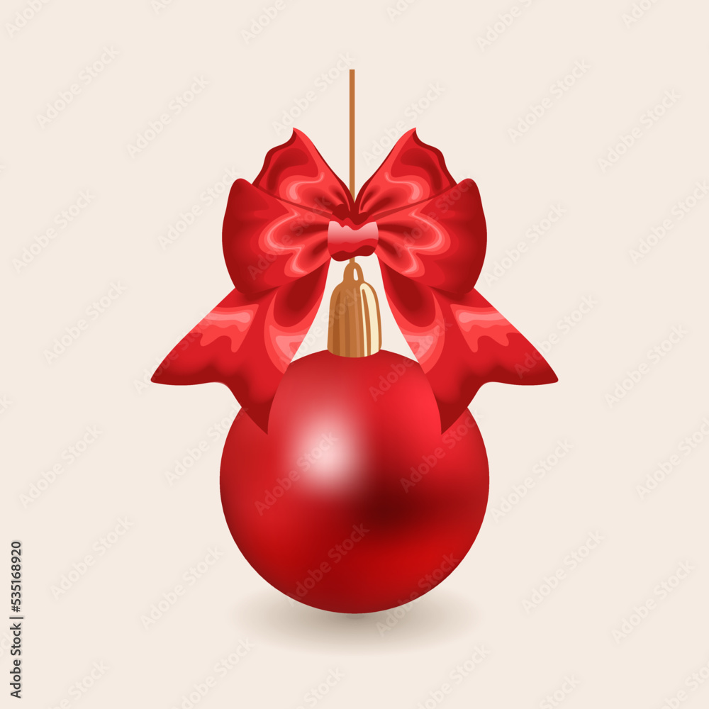 Realistic red matte Christmas ball with satin bow and shadow. Isolated vector illustration for stickers, posters, cards, design elements. Realistic red matte Christmas ball with satin bow and shadow. Isolated vector illustration for stickers, posters, cards, design elements.