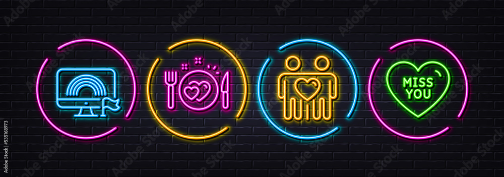 Friends couple, Romantic dinner and Lgbt minimal line icons. Neon laser 3d lights. Miss you icons. For web, application, printing. Friendship, Love food, Rainbow flag. Love heart. Vector