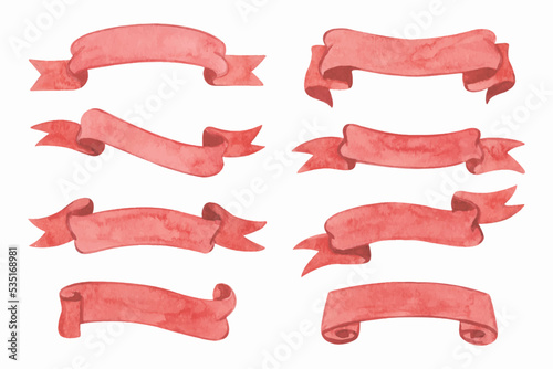 Watercolor red ribbon. Vector illustration isolated on a white background. Hand drawn template.