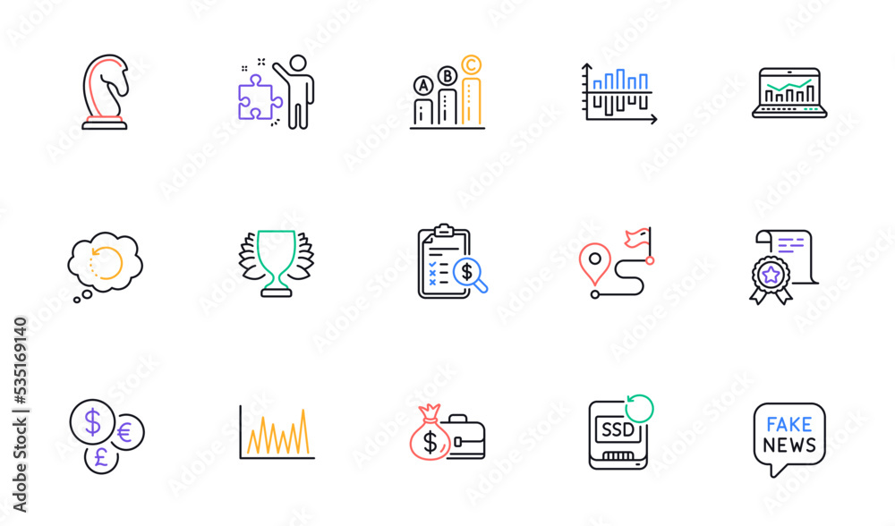 Web analytics, Salary and Marketing strategy line icons for website, printing. Collection of Journey, Winner, Recovery ssd icons. Line graph, Diagram chart, Certificate web elements. Vector