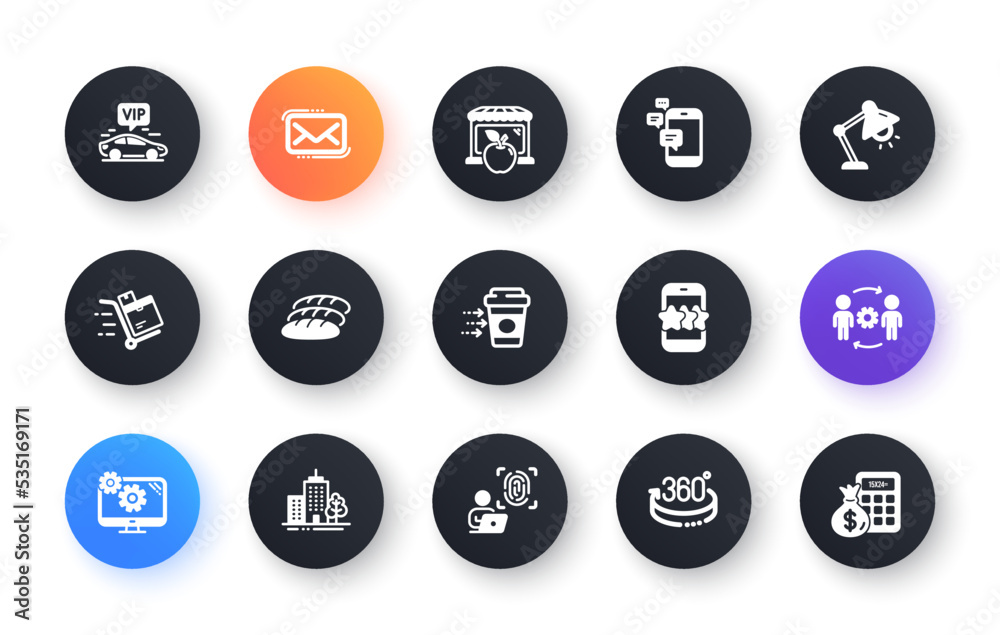 Minimal set of Computer fingerprint, Star and Messenger mail flat icons for web development. Vip transfer, Coffee delivery, Table lamp icons. Settings, 360 degrees, Inventory cart web elements. Vector Minimal set of Computer fingerprint, Star and Messenger mail flat icons for web development. Vip transfer, Coffee delivery, Table lamp icons. Settings, 360 degrees, Inventory cart web elements. Vector