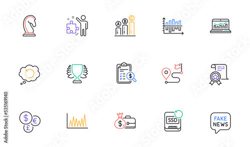 Web analytics, Salary and Marketing strategy line icons for website, printing. Collection of Journey, Winner, Recovery ssd icons. Line graph, Diagram chart, Certificate web elements. Vector