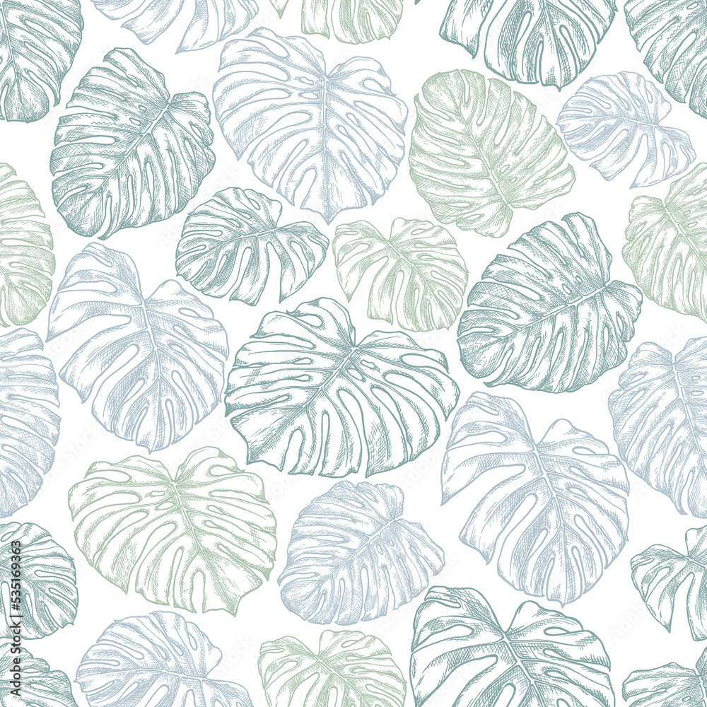 Botanical seamless pattern with leaves of tropical plants on white background. Pen and ink hand-drawn outlines. Vector image. Exotic plants mint green colour. Jungle foliage illustration.