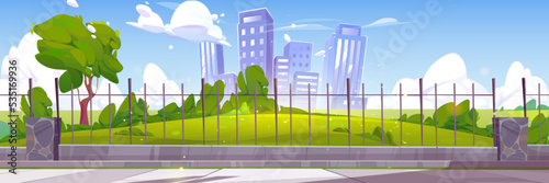 City park and buildings behind metal fence. Summer landscape with sidewalk, barrier, green bushes, grass and trees, houses and skyscrapers on skyline, vector cartoon illustration