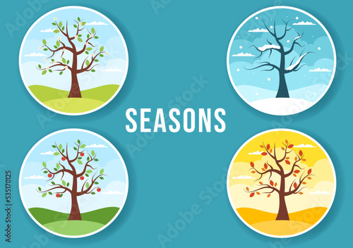 Scenery of the Four Seasons of Nature with Landscape Spring, Summer, Autumn and Winter in Template Hand Drawn Cartoon Flat Style Illustration