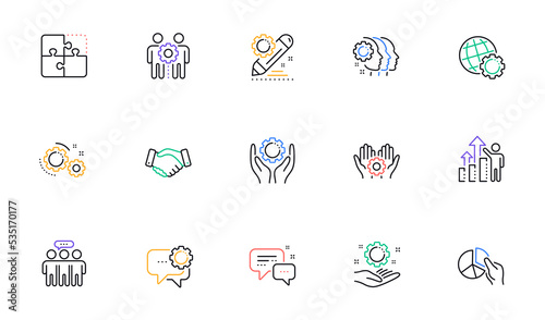 Employees benefits line icons. Business strategy, handshake and people collaboration. Teamwork, social responsibility, people relationship icons. Linear set. Bicolor outline web elements. Vector