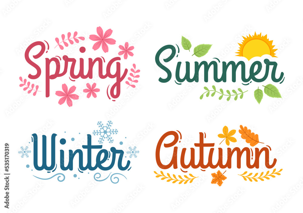 Scenery of the Four Seasons of Nature with Landscape Spring, Summer, Autumn and Winter in Template Hand Drawn Cartoon Flat Style Illustration