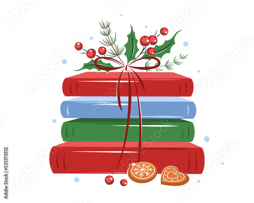 Books with winter leaves and cookies on white background.  Design for card or promotional poster. Vector illustration for a New Year and Christmas background.
