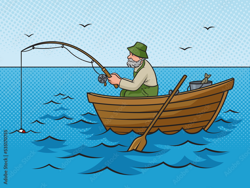 old man fishing from boat pinup pop art retro raster illustration