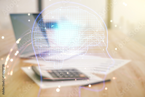 Wallpaper Mural Double exposure of creative human head microcircuit hologram on calculator and pc background. Future technology and AI concept Torontodigital.ca