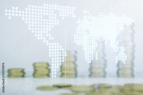 Multi exposure of abstract creative digital world map hologram on growing stacks of coins background, research and analytics concept