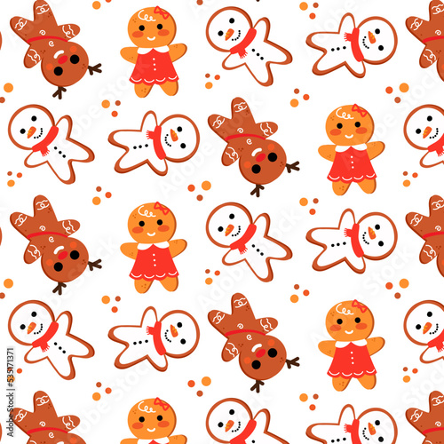 Gingerbread man is decorated in xmas hat seamless background texture.
