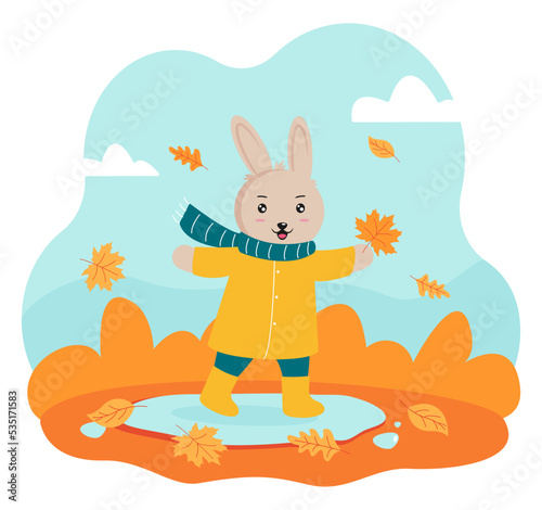 Happy rabbit with a cloak and gum boots on aphids of a falling autumn leaf. Hello, Autumn. Vector illustration