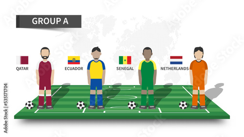 Qatar soccer cup tournament 2022 . 32 teams group stages and cartoon player character with jersey and country flags on perspective football field . Flat design . Vector .