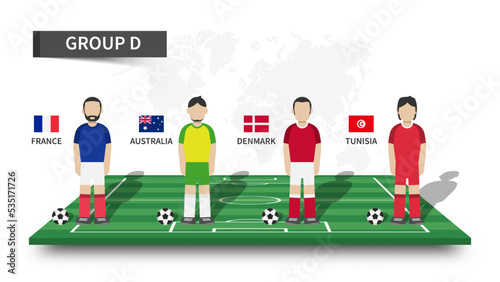Qatar soccer cup tournament 2022 . 32 teams group stages and cartoon player character with jersey and country flags on perspective football field . Flat design . Vector .