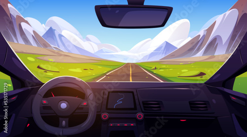 Road in mountain valley view from car interior through windshield. Scenery landscape with rocks and green fields. Straight highway, asphalted way in highland perspective, Cartoon vector illustration
