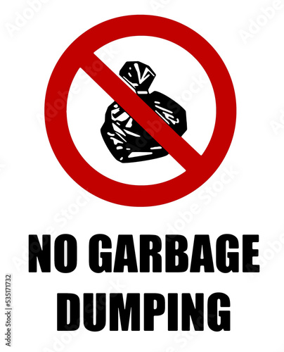 No garbage dumping, with ban sign around a trash bag and text. White background.