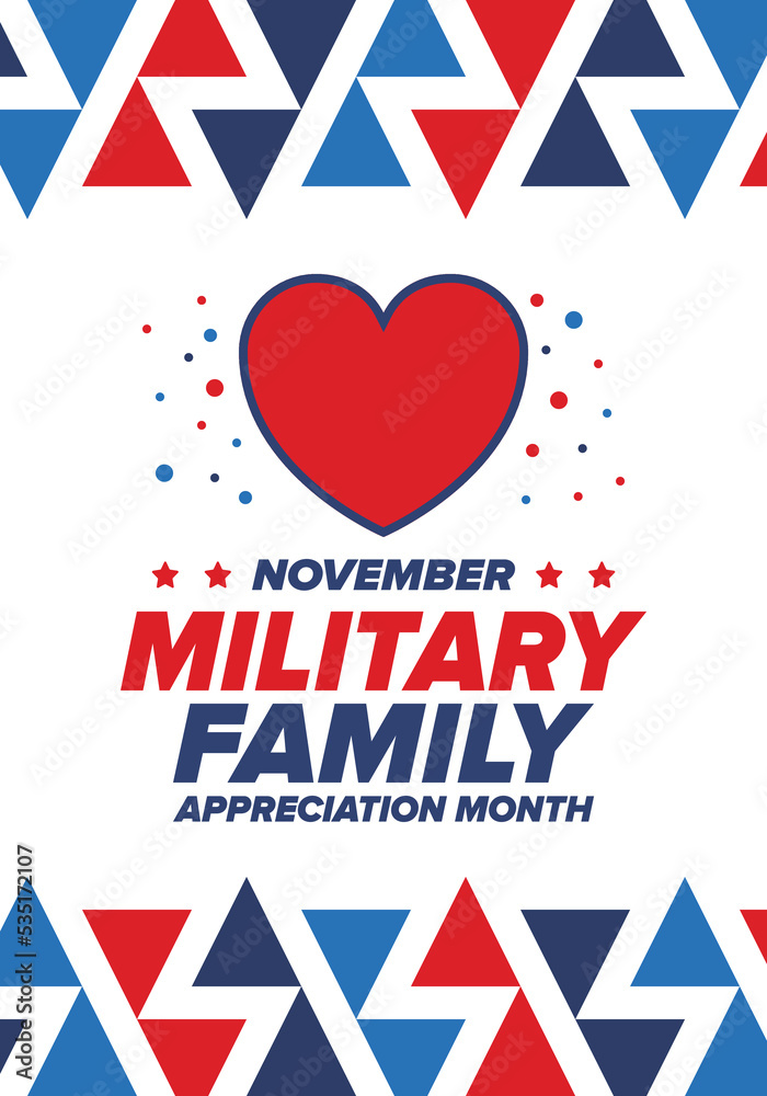 National Military Family Month in United States. Celebrate annual in November. Thank you for military family. Patriotic american elements. Poster, card, banner, background. Vector illustration