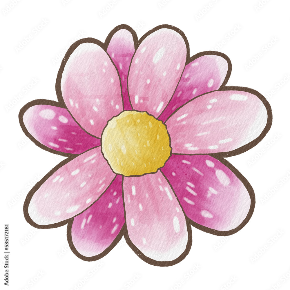 Fototapeta premium Brown line flower. Pink petals and yellow pollen. Raster png transparent illustration for decorate and any design.
