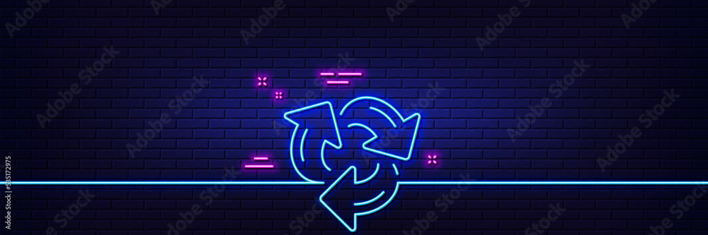 Neon light glow effect. Recycle arrow line icon. Recycling waste symbol. Reduce and Reuse sign. 3d line neon glow icon. Brick wall banner. Recycle outline. Vector Neon light glow effect. Recycle arrow line icon. Recycling waste symbol. Reduce and Reuse sign. 3d line neon glow icon. Brick wall banner. Recycle outline. Vector