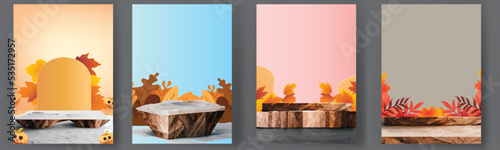 set podium stage autumn season paper art colorful for show banner sale vector illustation