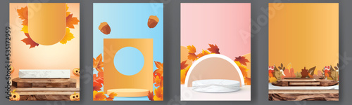 set podium stage autumn season paper art colorful for show banner sale vector illustation