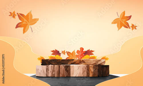 set podium stage autumn season paper art colorful for show banner sale vector illustation