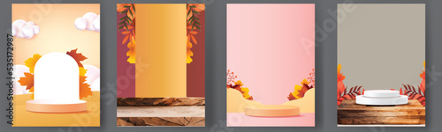 set podium stage autumn season paper art colorful for show banner sale vector illustation