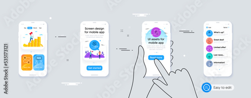 Set of Brand ambassador, Wallet and Loan percent line icons. Phone ui interface. Include Data security, Fake information, Cogwheel blueprint icons. Vector
