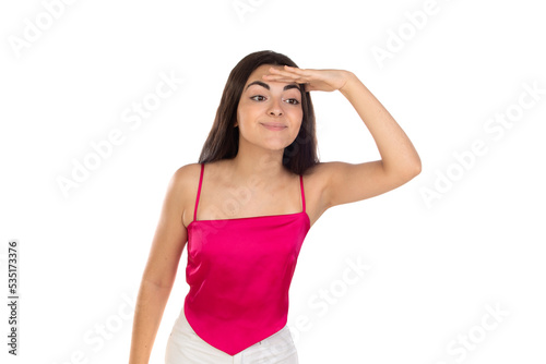 Brunette woman looking far away