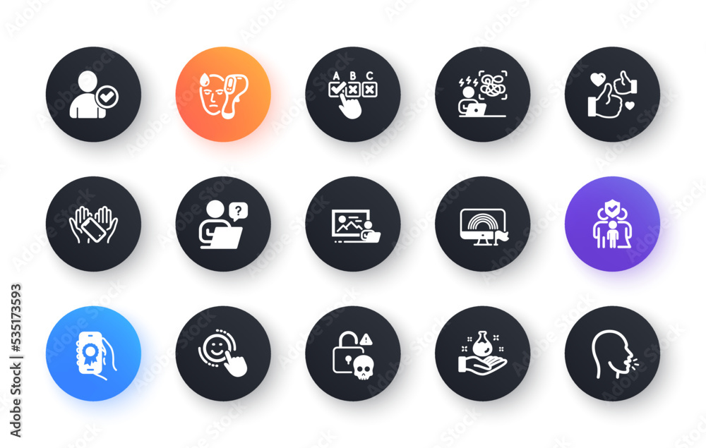 Minimal set of Like, Family insurance and Chemistry lab flat icons for web development. Electronic thermometer, Award app, Smile icons. Cyber attack, Identity confirmed. Vector Minimal set of Like, Family insurance and Chemistry lab flat icons for web development. Electronic thermometer, Award app, Smile icons. Cyber attack, Identity confirmed. Vector