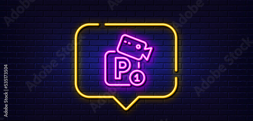 Neon light speech bubble. Parking with video monitoring line icon. Car park sign. Transport place symbol. Neon light background. Parking security glow line. Brick wall banner. Vector