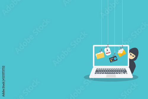 Hacker with laptop computer stealing confidential data, personal information and credit card detail. Hacking concept.	