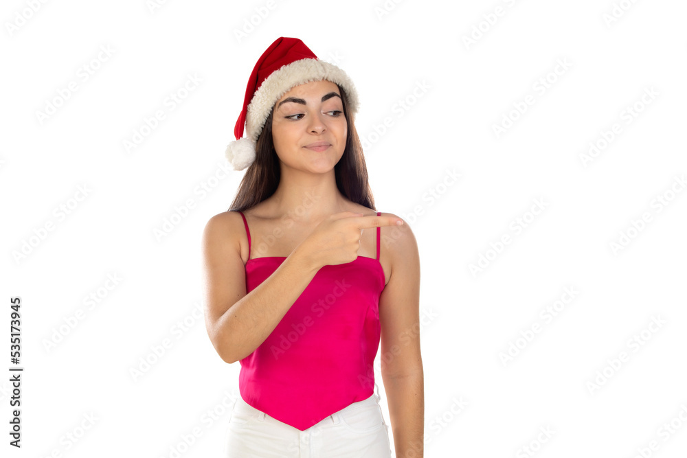 Beautiful brunette girl in santa claus hat isolated on white background with copy space Beautiful brunette girl in santa claus hat isolated on white background with copy space