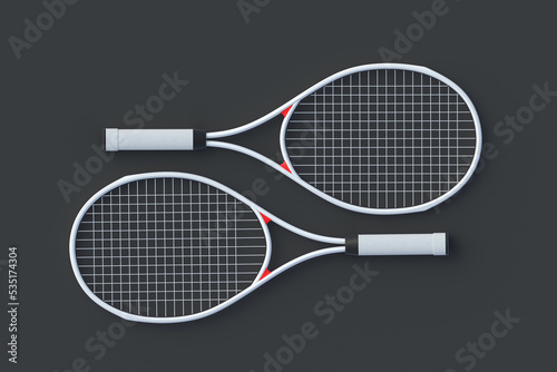 Pair of tennis racquets. Sports equipments. International tournament. Game for laisure. Favorite hobby. Flat lay. 3d render © OlekStock