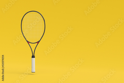 One levitating tennis racquet. Sports equipments. International tournament. Game for laisure. Favorite hobby. Copy space. 3d render © OlekStock