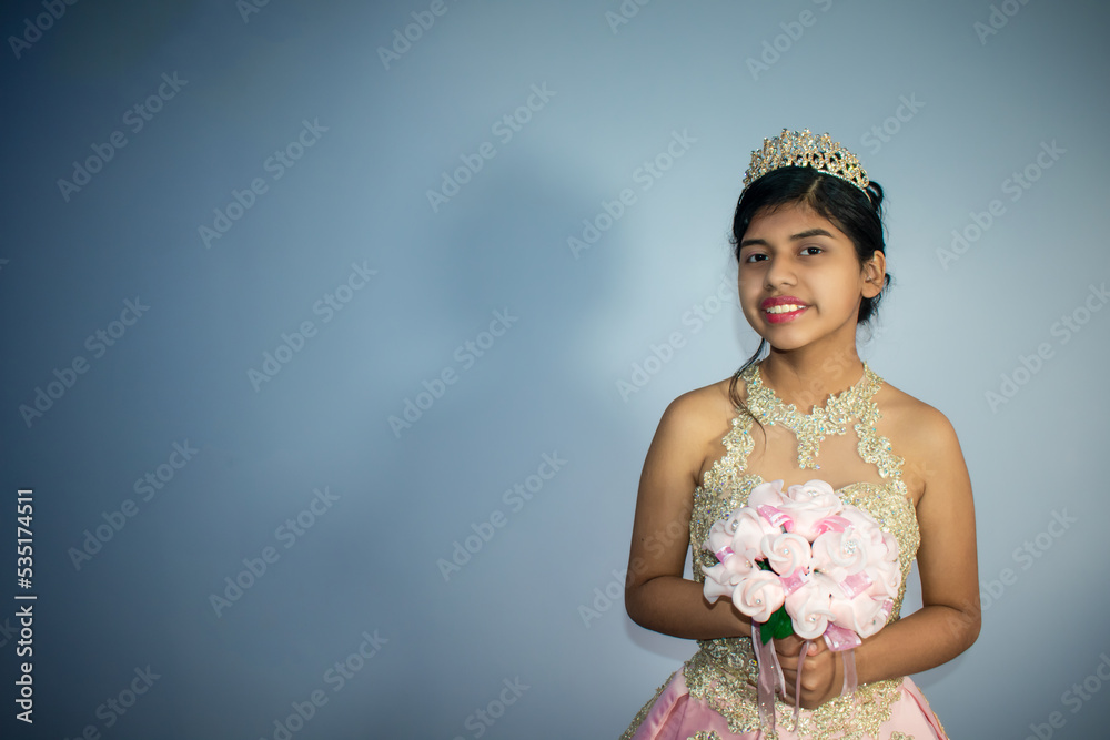 Beautiful woman in dress - princess pink costume. blur background with space for text Beautiful woman in dress - princess pink costume. blur background with space for text