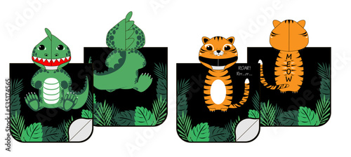 Kid towel with hood with crocodile and tiger design. Vector illustration.