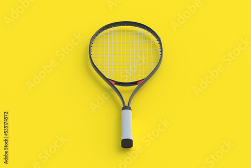 Tennis racquet on yellow background. Sports equipments. International tournament. Game for laisure. Favorite hobby. 3d render © OlekStock