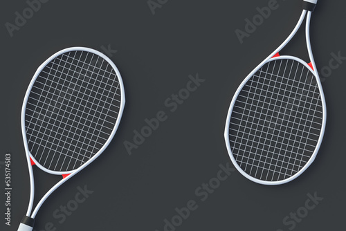 White tennis racquets on black background. Sports equipments. International tournament. Game for laisure. Favorite hobby. Copy space. Top view. 3d render
