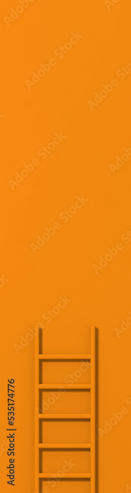 Orange staircase on Orange background. Staircase stands vertically near wall. Way to success concept. Vertical banner for insertion into site. Place for text cope space. 3d image. 3D rendering. Orange staircase on Orange background. Staircase stands vertically near wall. Way to success concept. Vertical banner for insertion into site. Place for text cope space. 3d image. 3D rendering.