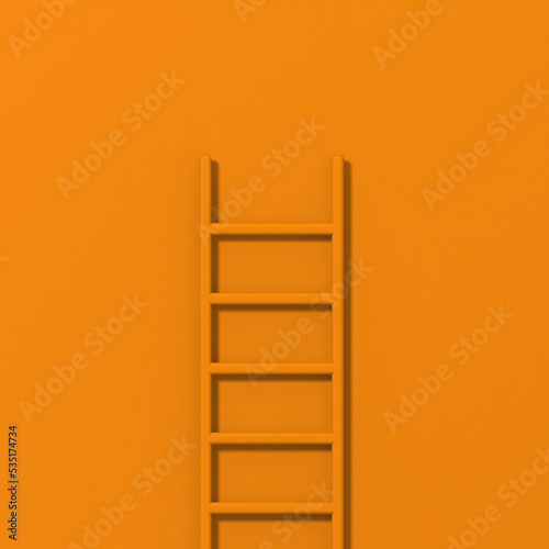 Orange staircase on Orange background. Staircase stands vertically near wall. Way to success concept. Square image. 3d image. 3D rendering.