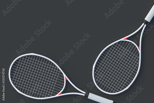 Pair of tennis racquets. Sports equipments. International tournament. Game for laisure. Favorite hobby. Copy space. Flat lay. 3d render
