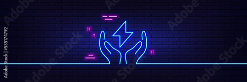 Neon light glow effect. Safe energy line icon. Thunderbolt sign. Electric power symbol. 3d line neon glow icon. Brick wall banner. Safe energy outline. Vector