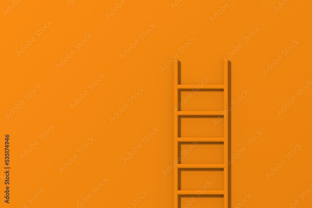 Orange staircase on Orange background. Staircase stands vertically near wall. Way to success concept. Horizontal image. 3d image. 3D rendering.